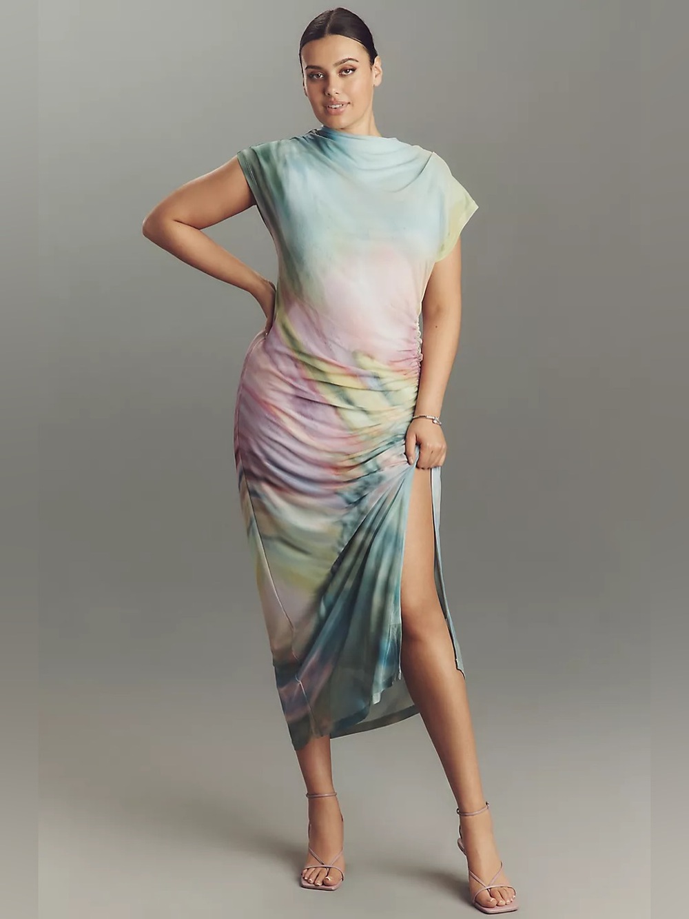 NWT Anthropologie The Maya Ruched Cowl Neck Mesh Dress Watercolor S Small - Picture 4 of 5